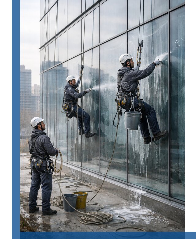 Промышленная мойка панорамных окон на высоте в Иркутске