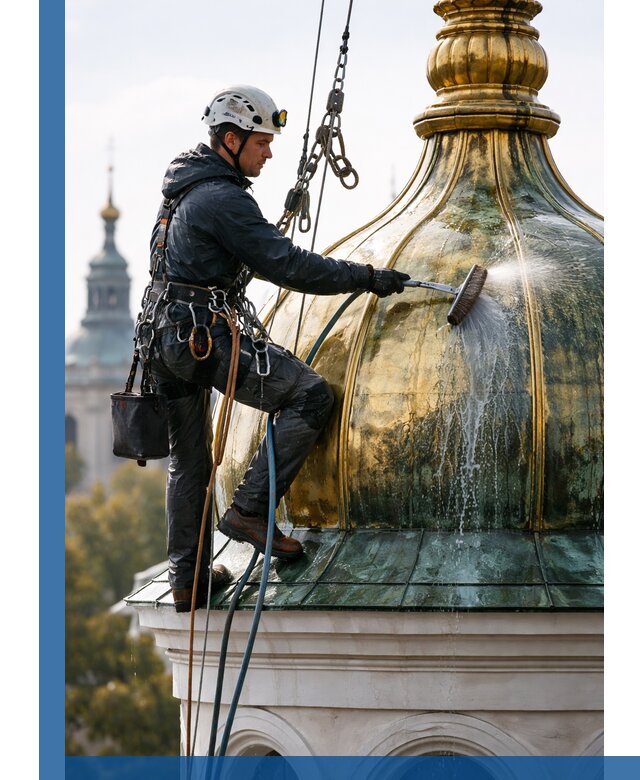 Профессиональная мойка куполов и шпилей высотными альпинистами в Иркутске