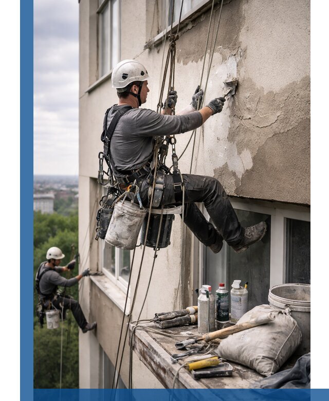 Косметический ремонт фасада зданий в Иркутске промышленными альпинистами
