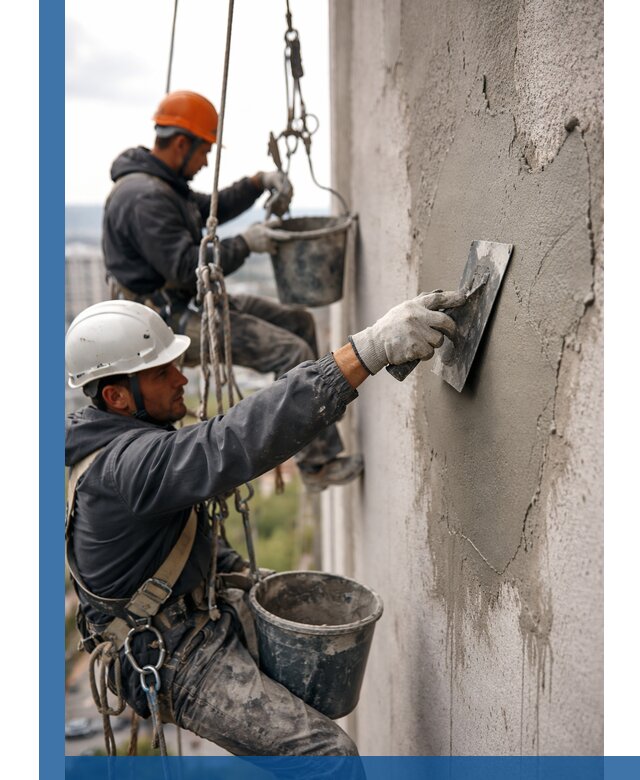 Штукатурка фасада на высоте в Иркутске профессиональные работы