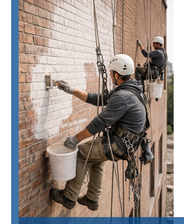 Покраска кирпичного фасада с доступным альпинистским сервисом в Иркутске
