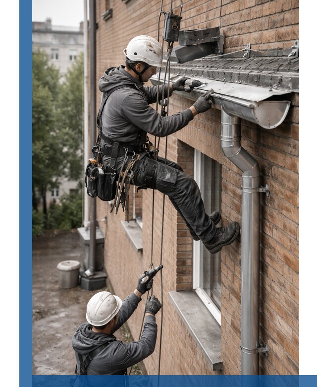 Монтаж водосточной системы на здании в Иркутске под ключ