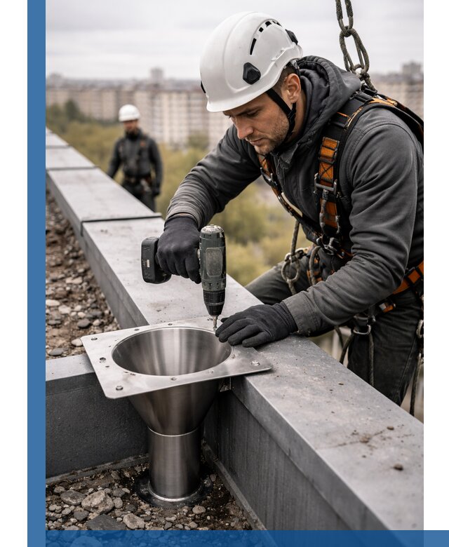 Монтаж водосточных воронок в Иркутске для промышленных зданий