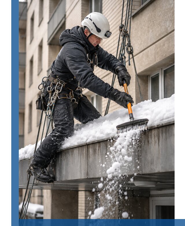 Очистка козырьков от снега в Иркутске круглогодично безопасно