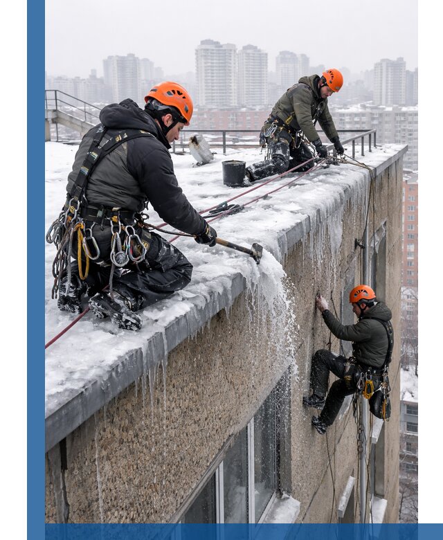 Удаление наледи с кровли в Иркутске промышленными альпинистами