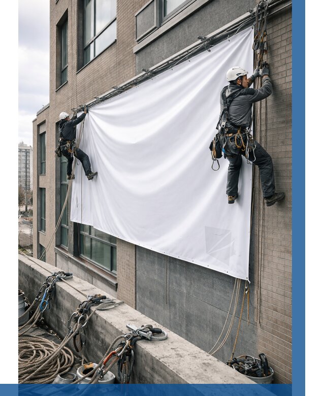 Монтаж баннеров на фасаде в Иркутске от 677 р. заказать ВЫСОТНИК-Ркт