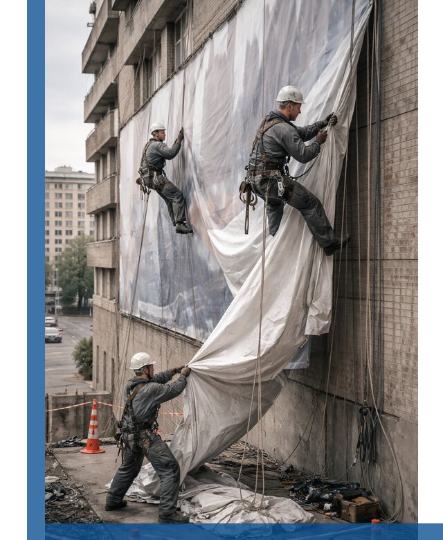 Демонтаж баннеров с фасада в Иркутске оперативно и безопасно