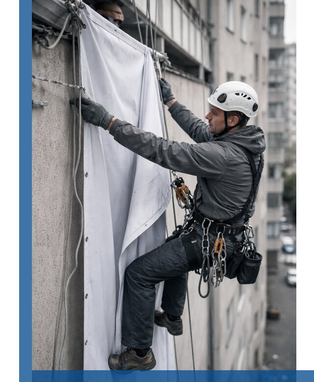 Замена баннерного полотна промышленными альпинистами в Иркутске