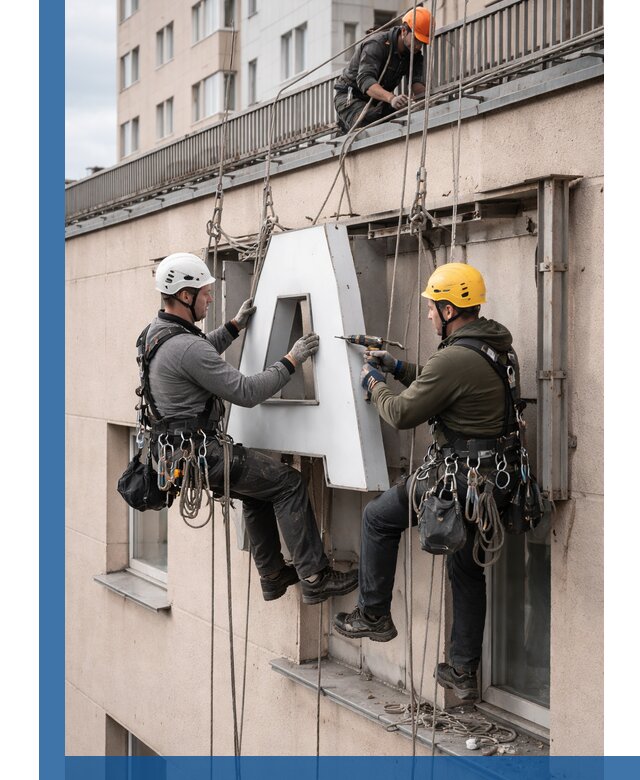 Ремонт и восстановление наружных вывесок на высоте в Иркутске