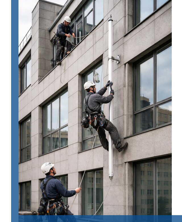 Монтаж флагштока на фасаде здания с креплением и герметикой в Иркутске