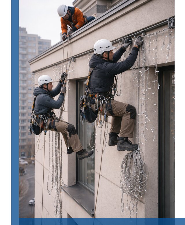 Монтаж праздничных гирлянд на фасаде в Иркутске для зданий