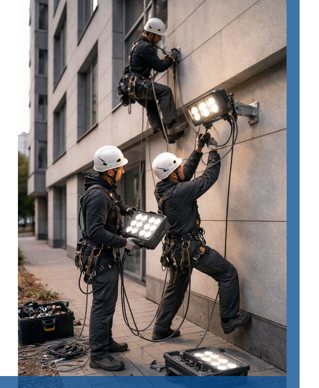 Монтаж прожекторов на фасаде в Иркутске от 7814 р. | ВЫСОТНИК-Ркт