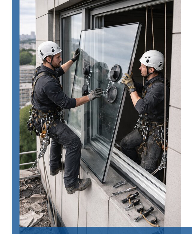 Замена стеклопакетов на высоте с промышленными альпинистами в Иркутске