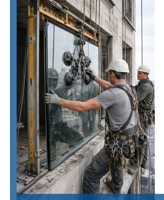 Монтаж стеклопакетов на высоте в Иркутске с промышленным альпинизмом