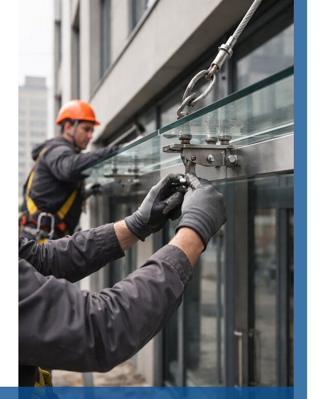 Монтаж стеклянных козырьков в Иркутске от 8856 р. | ВЫСОТНИК-Ркт