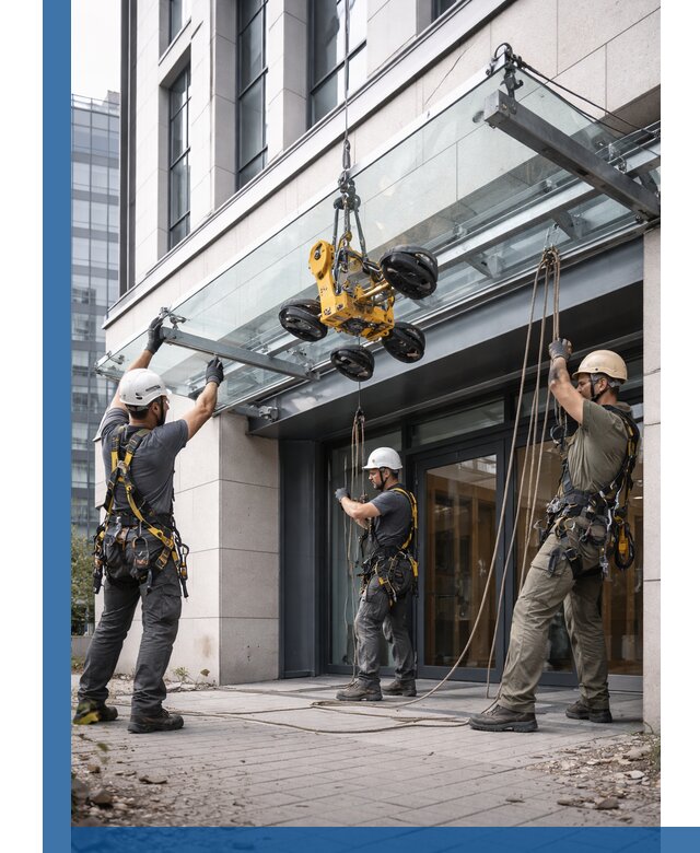 Монтаж стеклянных козырьков под ключ в Иркутске для зданий