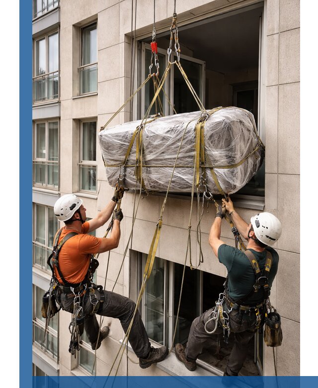 Подъем грузов через окно в Иркутске промышленными альпинистами