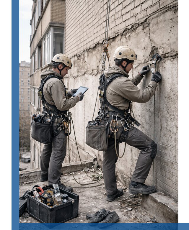 Обследование фасада промышленными альпинистами в Иркутске